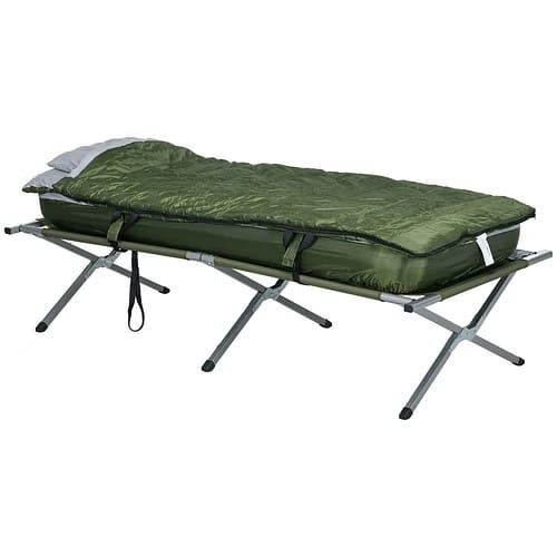 Camping cot with mattress and sleeping bag set up outdoors next to a tent for elevated, comfortable sleep